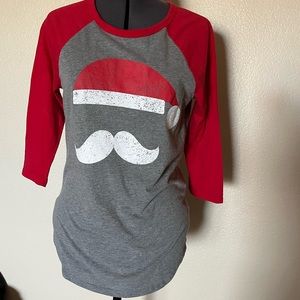 Santa baseball tee with 3/4 red sleeves and vintage distressed look